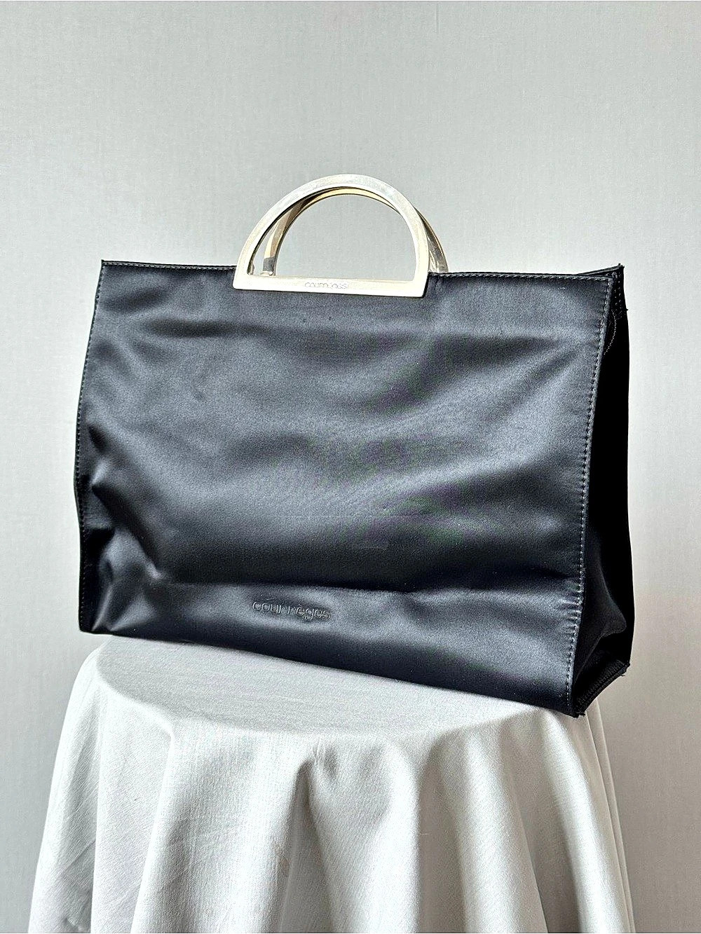 Courrèges Black Satin Tote Bag with Sliver Tone Metal Handles - Vintage